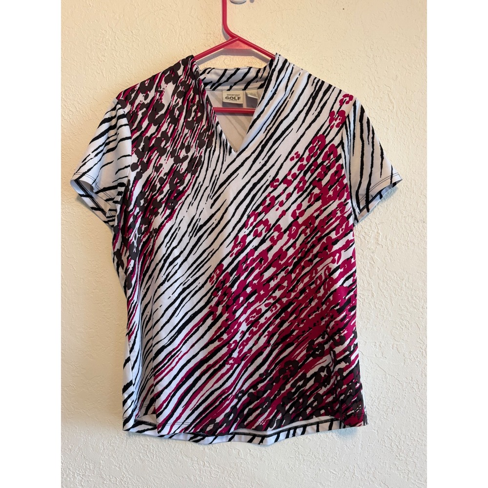 Chicos Zenergy Golf Top Womens 1 Medium Pink Zebra Leopard Print V-Neck Shirt